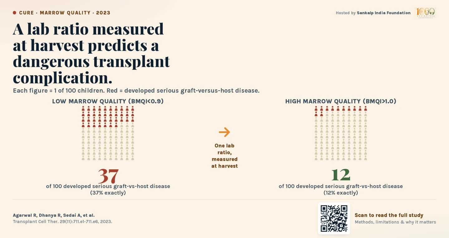 A lab ratio measured at harvest predicts a dangerous transplant complication. Serious graft-versus-host disease affected 37 of every 100 children where marrow quality was low (BMQI below 0.9), against 12 of every 100 where it was high (BMQI above 1.0).